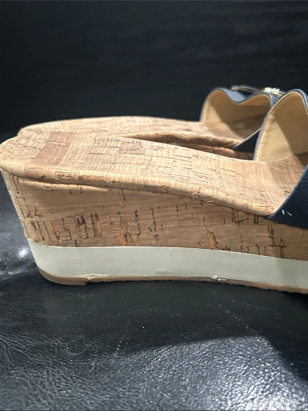 Michael Kors Navy Fabric & Cork Wedge Slides with Gold Hardware